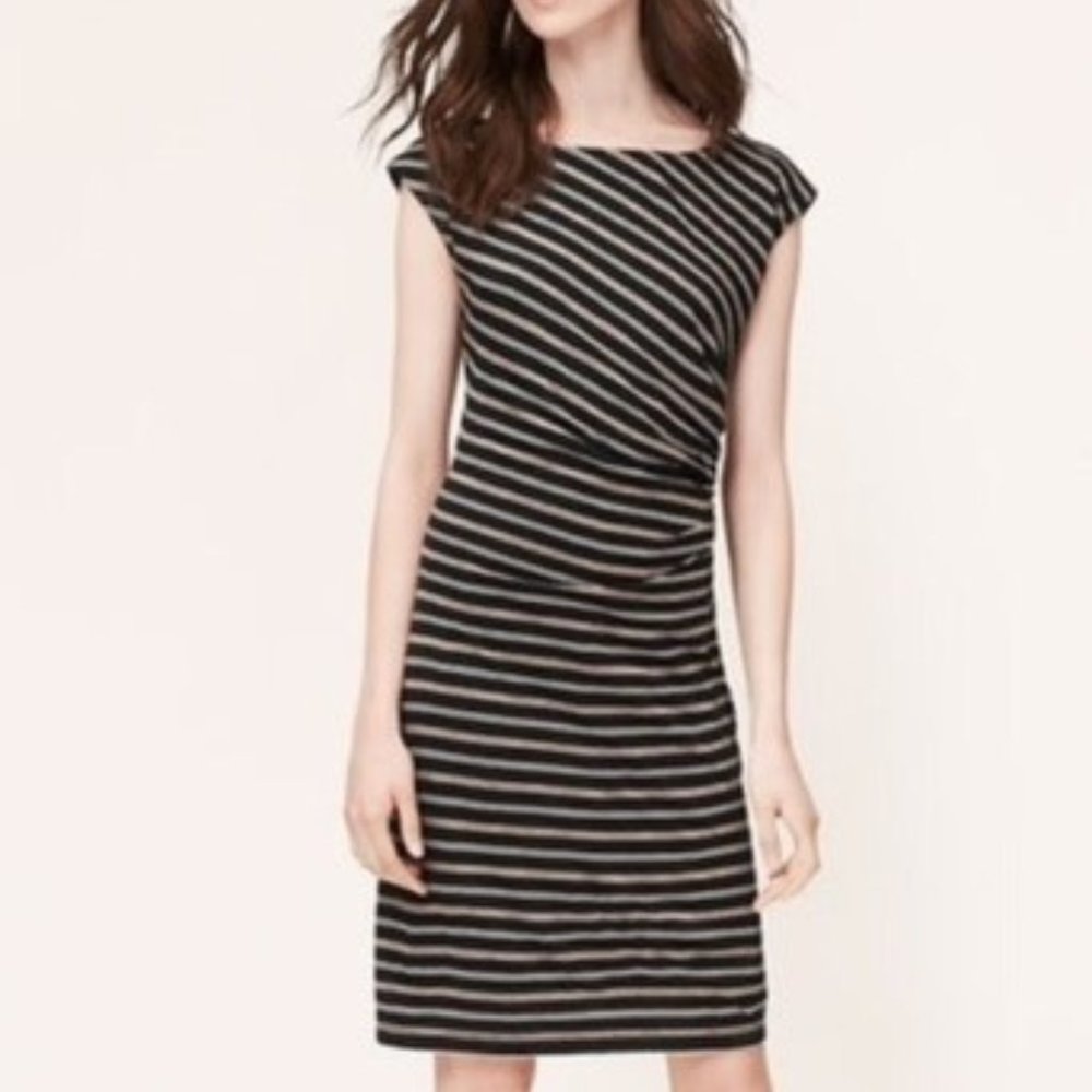 B&W Striped Shirred/Gathered Cap Sleeve Dress XS